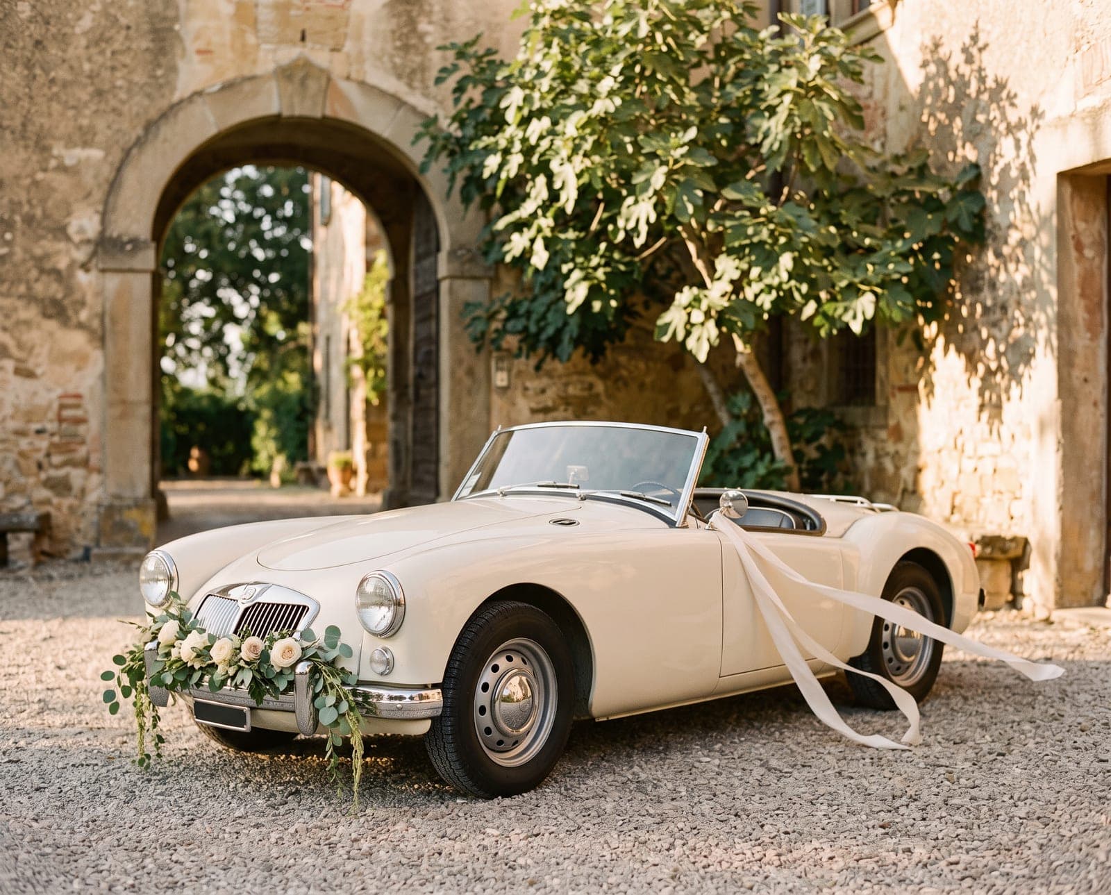 A cream vintage convertible dressed with roses outside a villa gate