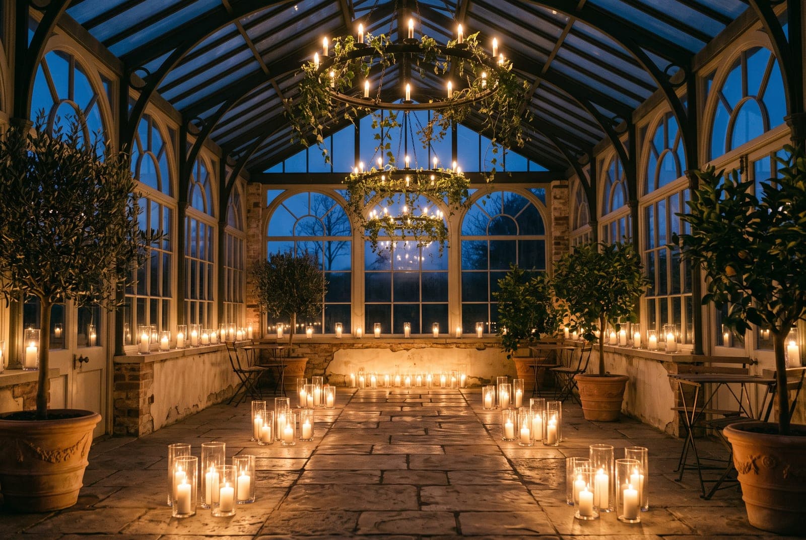 A glass orangery lit by hundreds of candles at blue hour